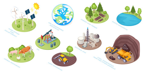 Natural resources icons, eco nature and renewable energy sources, vector isometric. Natural resources of water, sun and wind, natural gas and coal, land and animal, air atmosphere and forest materials