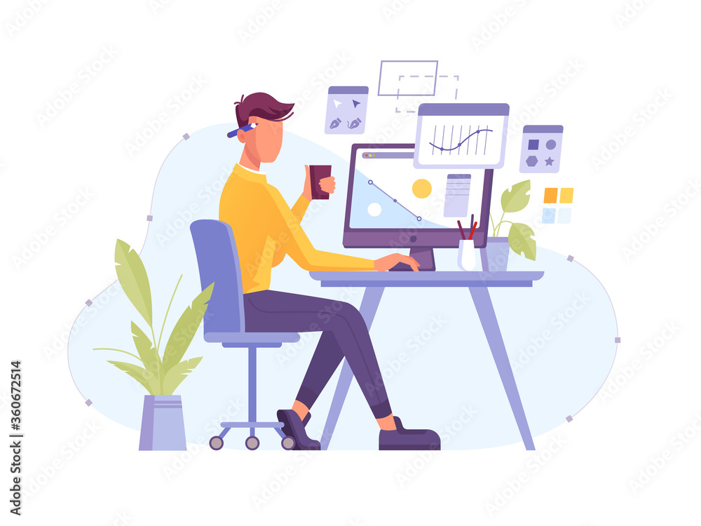 Poster Designer at work in design studio working at computer with digital pen and tablet. Graphic designer or creative artist illustrator and artwork creator drawing design, freelancer man at desktop