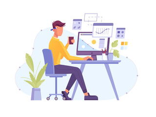 Designer at work in design studio working at computer with digital pen and tablet. Graphic designer or creative artist illustrator and artwork creator drawing design, freelancer man at desktop