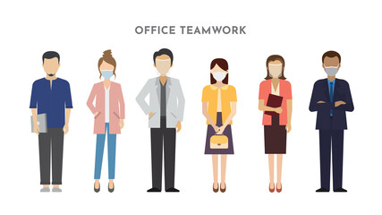 Group of Business people using face masks, office teamwork icons. Vector illustration of flat design people characters