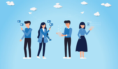 Vector illustration of Man and Woman holding laptop computer or mobile devices for checking social media with icon or hologram, Communication network internet and Business concept