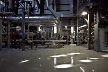 Daytime general view of the process pipelines for the supply of water and steam. General view of the process pipelines. General view of the pipes.