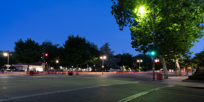 Empty streets and city plaza at night