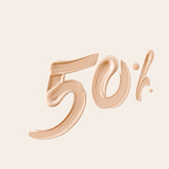 50 % sale cosmetic product banner foundation beige smear. Number fifty percent discount. 3d rendering.