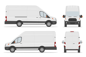 White cargo van car template in different angles. Vector illustration.