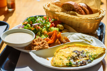 Israeli breakfast plate found in every cafe in Israel, this plate has everything that is good eggs...