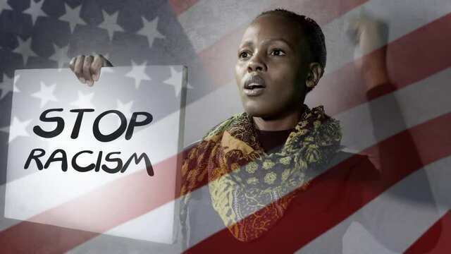stop racism black activist girl protesting against government composite with USA flag- young afro American woman showing protest banner demanding stop racial discrimination