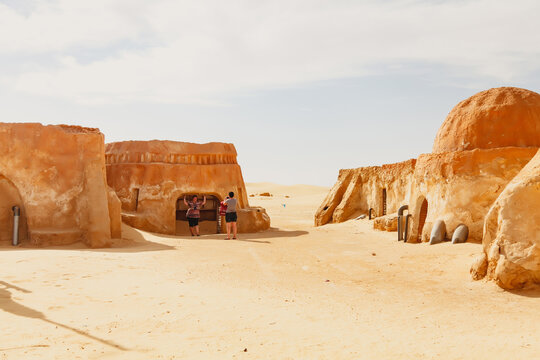 Tunisia, may 2014: Star Wars decoration in Sahara desert. Appearance of original set was used in film. Ong Jewel Star Wars Location in Tunisia. Buildings in Ong Jemel, Tunisia. Place near lake