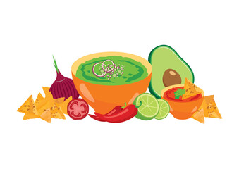 Group of mexican food icon vector. Mexican sauce with garnish vector. Traditional mexican sauce guacamole vector. Pile of mexican food icon isolated on a white background. Mexican food mix vector