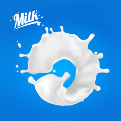 Milk splash 3D.Abstract realistic milk drop with splashes isolated on blue background.element for advertising, package design. vector