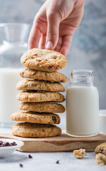 Oat vegan cookies with almond milk. Delicious chocolate diet treats for vegans, made from natural ingredients.