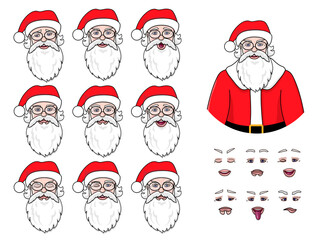 Set of Santa Claus different emotions for animation and motion video. Father Christmas emoji with various facial expressions. Isolated vector character. Set of icons for postcards and poster.