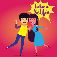 Take a selfie, Selfie with friend, couple clicking selfie on mobile, vector illustration, friends, lover, couple