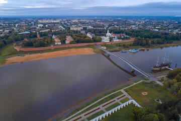 Kremlin of Veliky Novgorod in the cityscape on a cloudy September morning (aerial photography). Russia