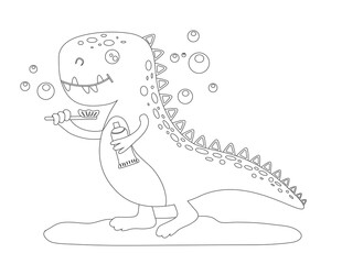 Silhouette of a cute baby dinosaur who brushes his teeth. Linear drawing of a dinosaur. Vector isolated illustration