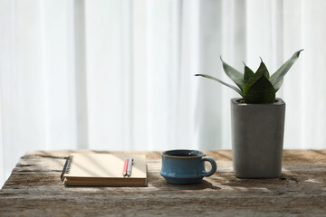 clay blue coffee cup and brown notebook and pencil with snake plant on wooden table 