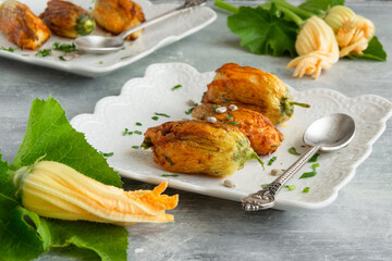 Ready to eat stuffed courgette flowers