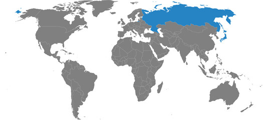 Russia, Japan countries isolated on world map. Gray background. Business concepts, diplomatic, trade and transport relations.