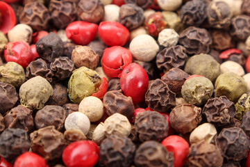 Pile of various peppercorns isolated on white background, close up. Mix of black, white, green and red dried peppercorns, close up.