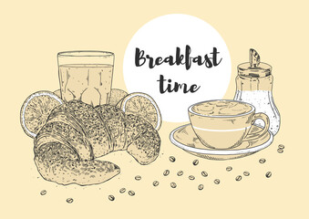 Continental breakfast with croissant, coffee with milk, sugar dispenser, fresh orange juice and coffee beans. Vintage hand drawing with engraving style. French breakfast.
