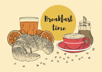 Continental breakfast with croissant, coffee with milk, sugar dispenser, fresh orange juice and coffee beans. Vintage hand drawing with engraving style. French breakfast.
