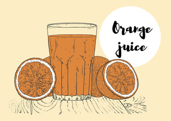 Freshly squeezed orange juice. Glass and oranges around.Healthy breakfast.