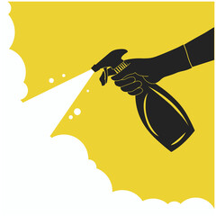 Hand with hand sprayer spraying cleaning disinfecting on yellow background.