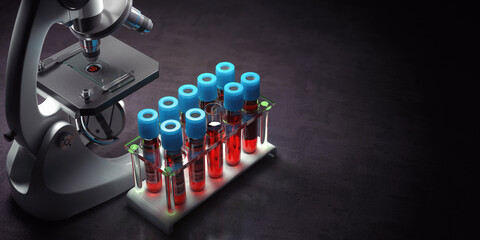 Blood test samples tubes and microscope on black background. Healthcare, medical laboratory concept.