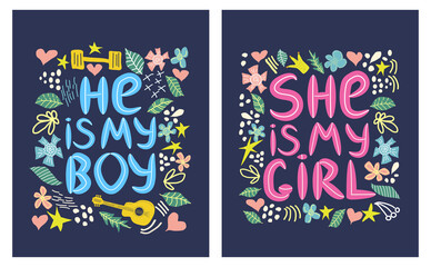 Quote pair print for a hetero couple. He is my boy, she is my girl, love, concept, lettering