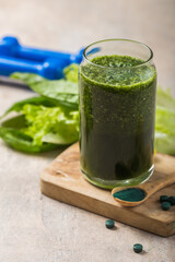 Green smoothie with spirulina. Young barley and chlorella spirulina. Detox superfood.