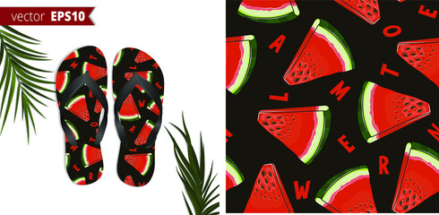 Seamless beautiful watermelon pattern on a black background. Bright and tasty fruits with letters for flip flop design. Summer Food ornament on mock up of flip flop