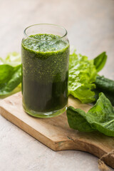 Green smoothie with spirulina. Young barley and chlorella spirulina. Detox superfood.