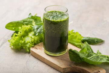 Green smoothie with spirulina. Young barley and chlorella spirulina. Detox superfood.