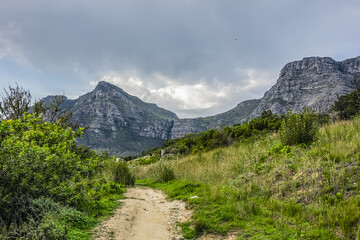 At top of Table Mountain. Table Mountain is the most iconic landmark of South Africa, overlooking the city of Cape Town. Cape Town South Africa.