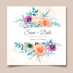 Wedding invitation template set with beautiful watercolor flower and greenery leaves