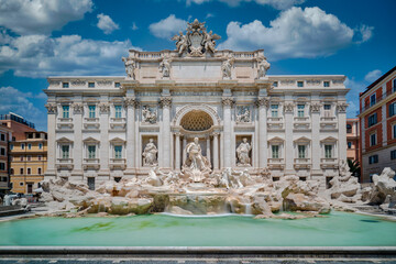 Fototapeta na wymiar Front view of Trevi Fountain (Fontana di Trevi) in Rome, Italy, with no people. Architecture and landmark of Rome.