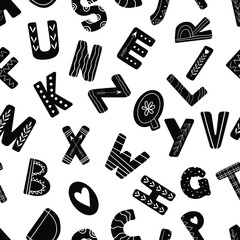 Scandinavian style alphabet. Hand drawn vector seamless pattern. Kid doodle illustration for wrapping, clothes, textile, posters, cards.