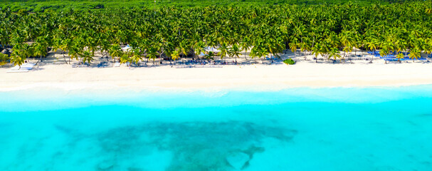 Aerial drone view of beautiful caribbean tropical island beach with palms. Saona, Dominican Republic. Vacation background.
