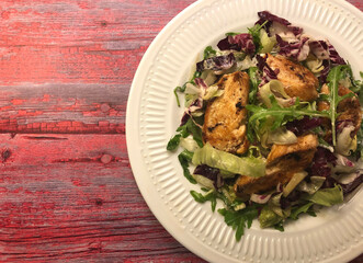 Grilled chicken fillets strip on mixed greens salad and balsamic dressing.