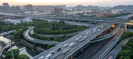 busy traffic road with city skyline in hangzhou china