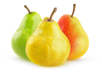 Three isolated pears. Yellow, green and yellow red pear fruits isolated on white background