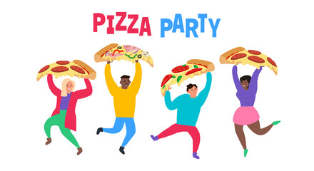 pizza party young cheerful people with slices vector illustration