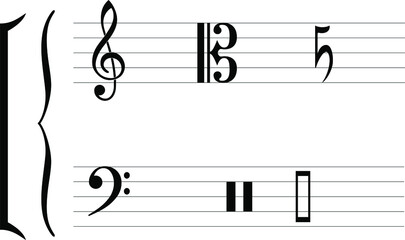 Musical keys on the sheet music station. Bracket and accolade. Vector.