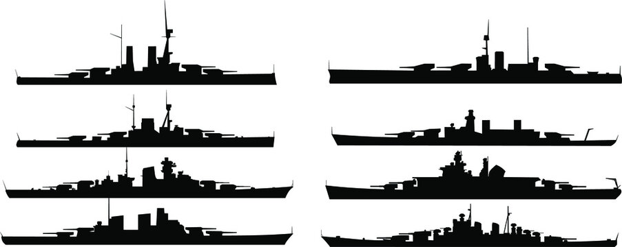 German and Russian (Soviet) military battleships. Artillery armored vehicles. Dreadnought. Isolated black vector graphic elements on transparent/white background. Set.