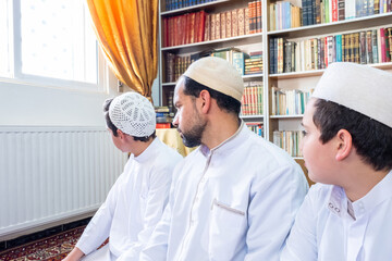 Fototapeta na wymiar Muslim family leaning left and right to finish praying
