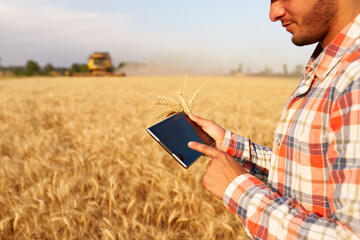 Precision farming. Farmer hands hold tablet using online data management software with maps at wheat field. Agronomist working with touch computer screen to control and analyse agriculture business.