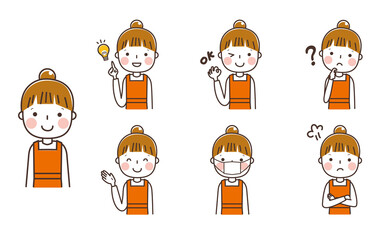 エプロンの女性上半身　表情ポーズセット　イラスト