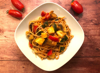 Italian pasta Verdure with vegetables and tomato sauce.