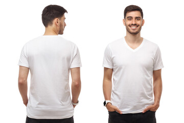 Front and back mockup of young man standing with hands in pockets, wearing blank tshirt with copy...