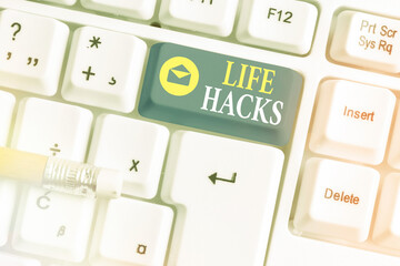 Writing note showing Life Hacks. Business concept for strategy or technique adopted to manage...